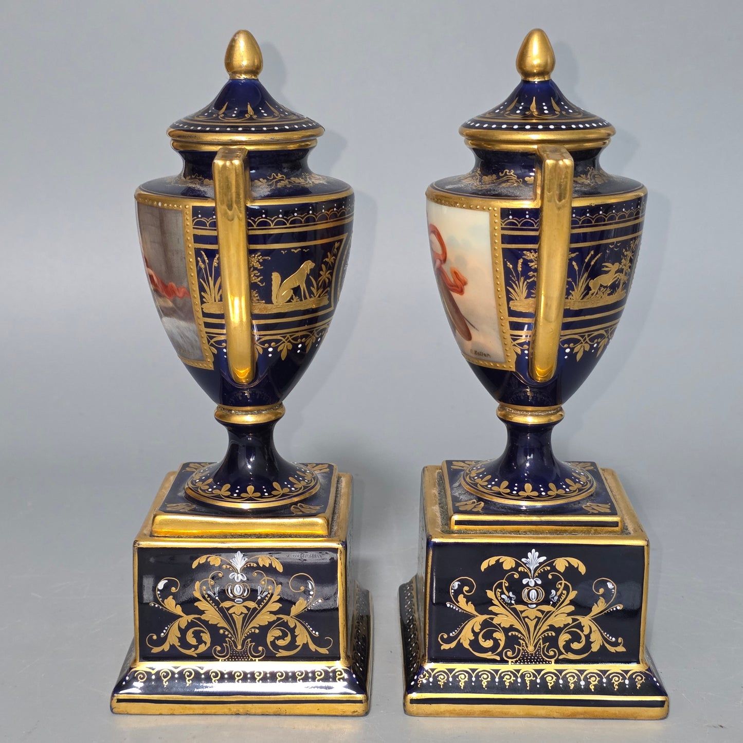 Exceptional Pair Of Antique Vienna Porcelain Empire Amphora Vases & Covers – Signed F. Koller