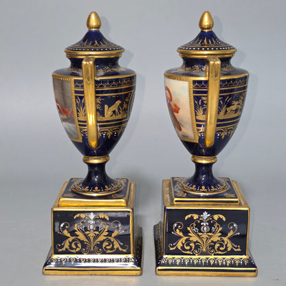 Exceptional Pair Of Antique Vienna Porcelain Empire Amphora Vases & Covers – Signed F. Koller