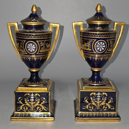 Exceptional Pair Of Antique Vienna Porcelain Empire Amphora Vases & Covers – Signed F. Koller