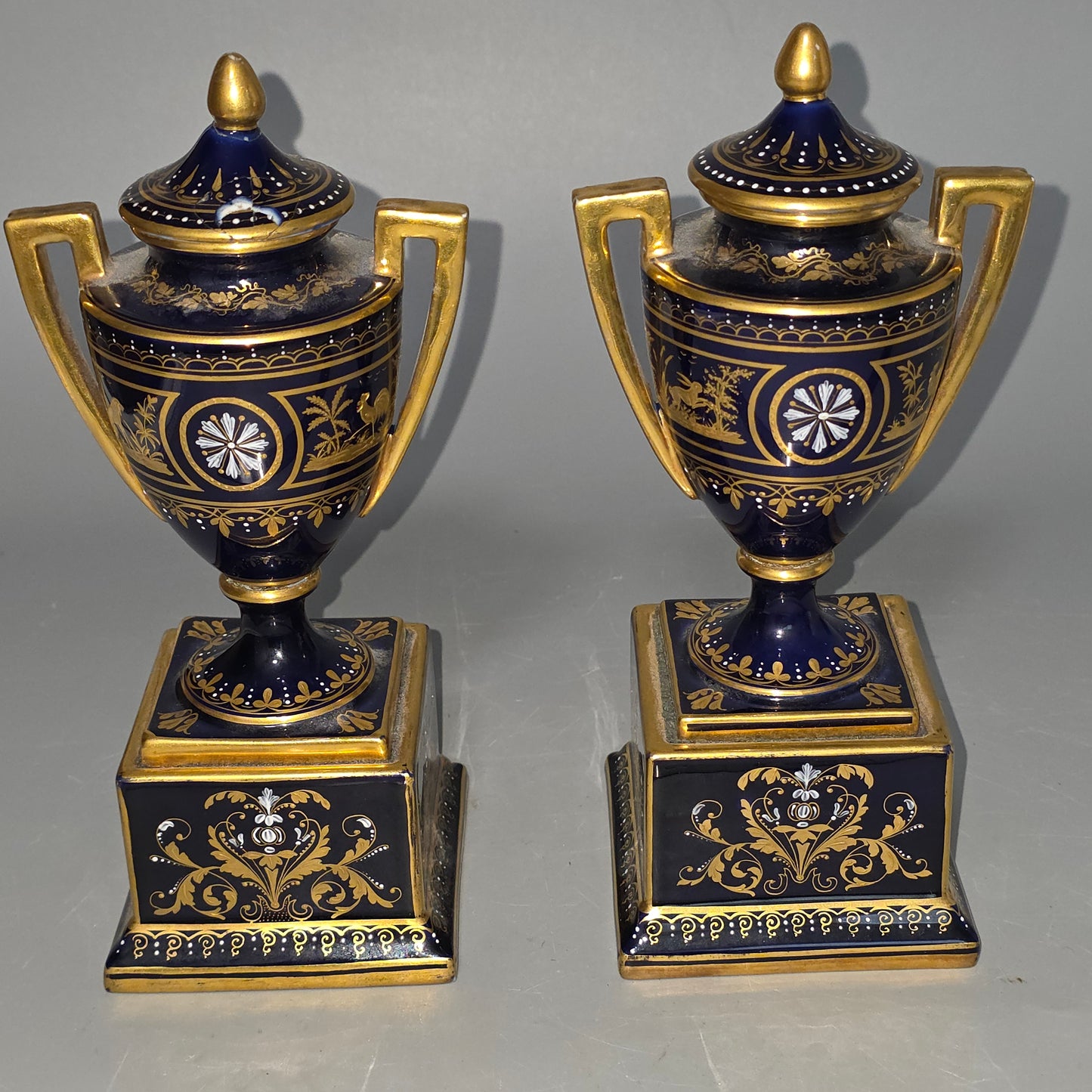 Exceptional Pair Of Antique Vienna Porcelain Empire Amphora Vases & Covers – Signed F. Koller