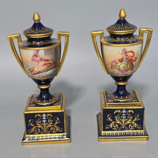 Exceptional Pair Of Antique Vienna Porcelain Empire Amphora Vases & Covers – Signed F. Koller