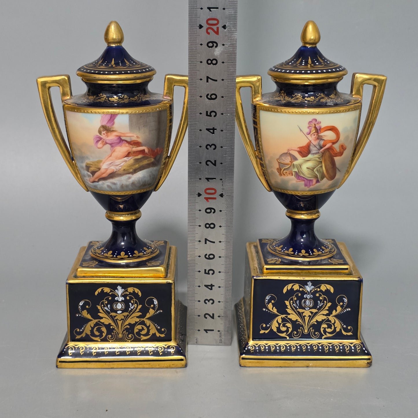 Exceptional Pair Of Antique Vienna Porcelain Empire Amphora Vases & Covers – Signed F. Koller