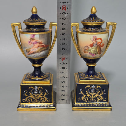 Exceptional Pair Of Antique Vienna Porcelain Empire Amphora Vases & Covers – Signed F. Koller