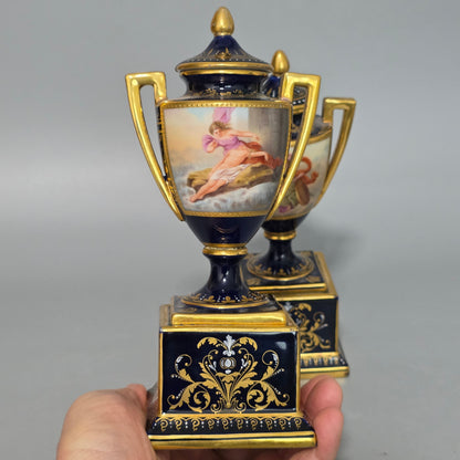Exceptional Pair Of Antique Vienna Porcelain Empire Amphora Vases & Covers – Signed F. Koller