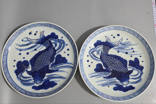 Attractive Pair of Arita Japanese Porcelain Chargers - Swimming Carp 29cm