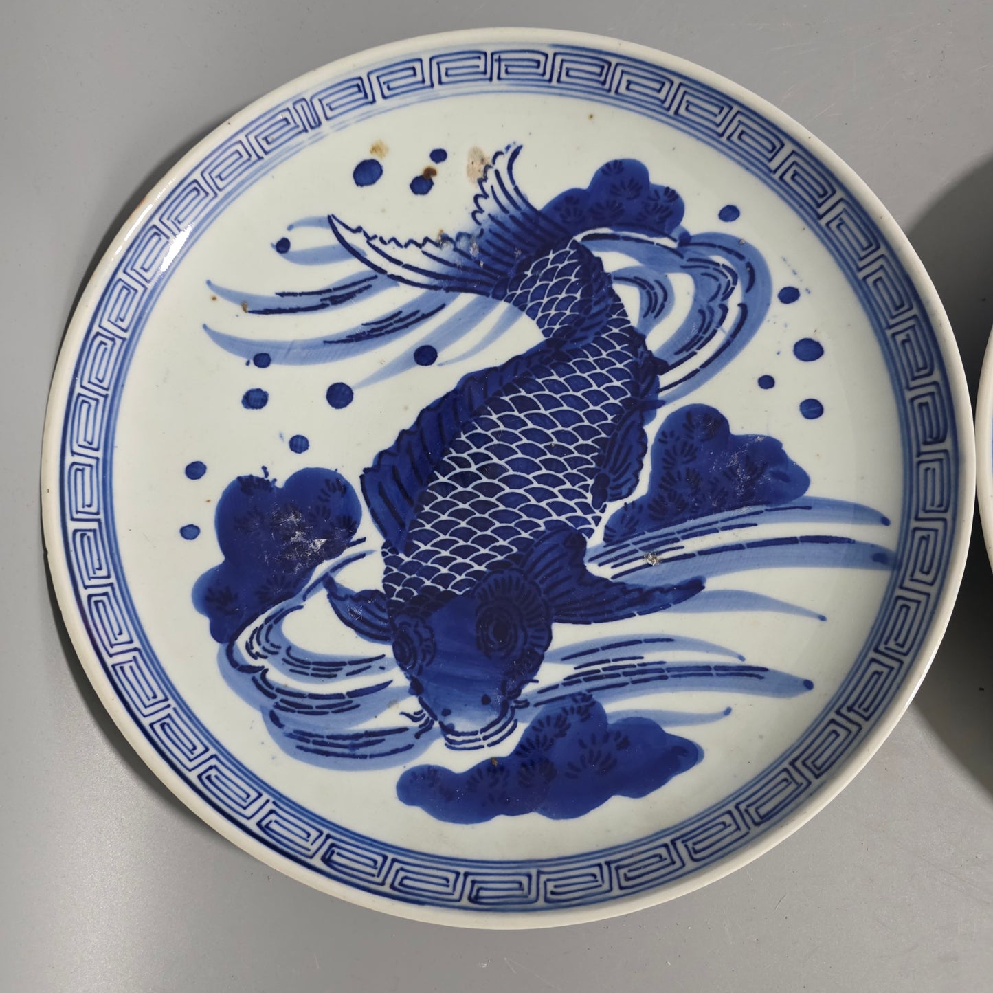 Attractive Pair of Arita Japanese Porcelain Chargers - Swimming Carp 29cm