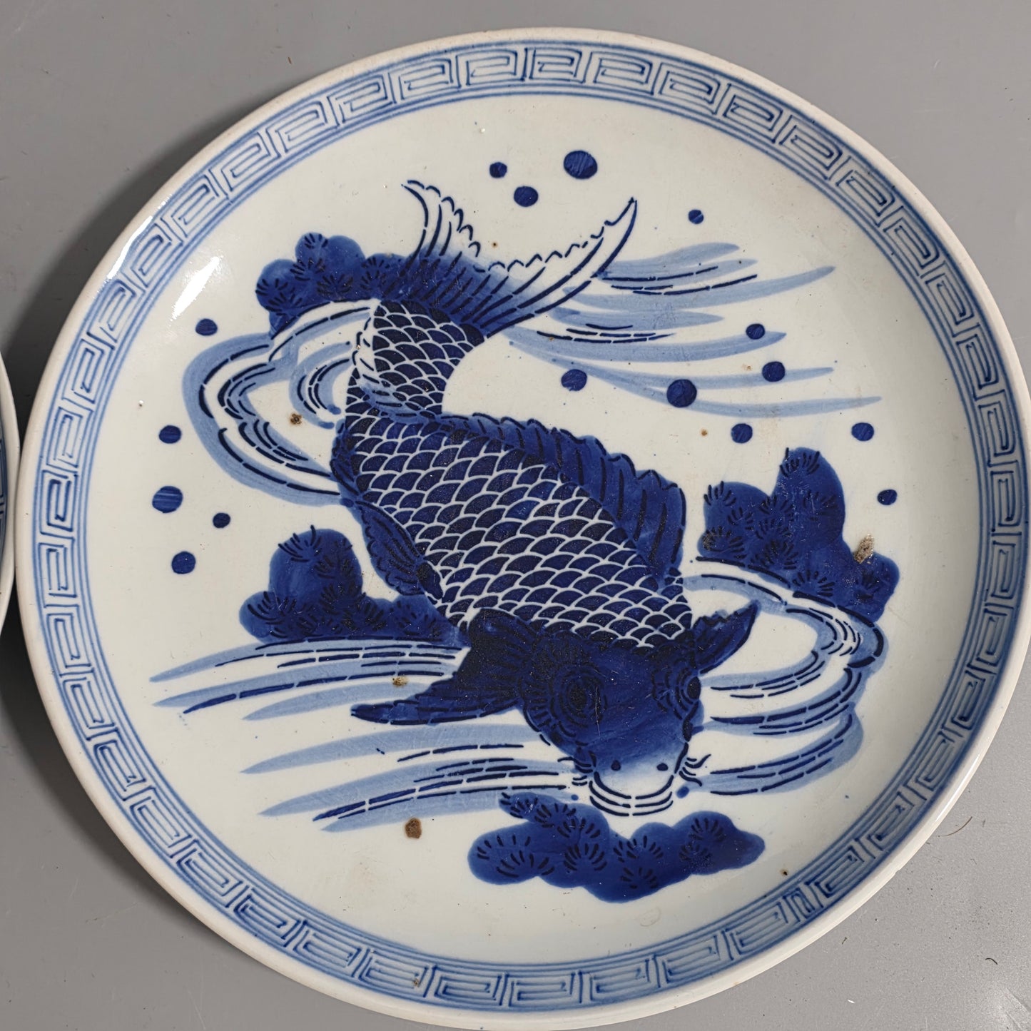 Attractive Pair of Arita Japanese Porcelain Chargers - Swimming Carp 29cm