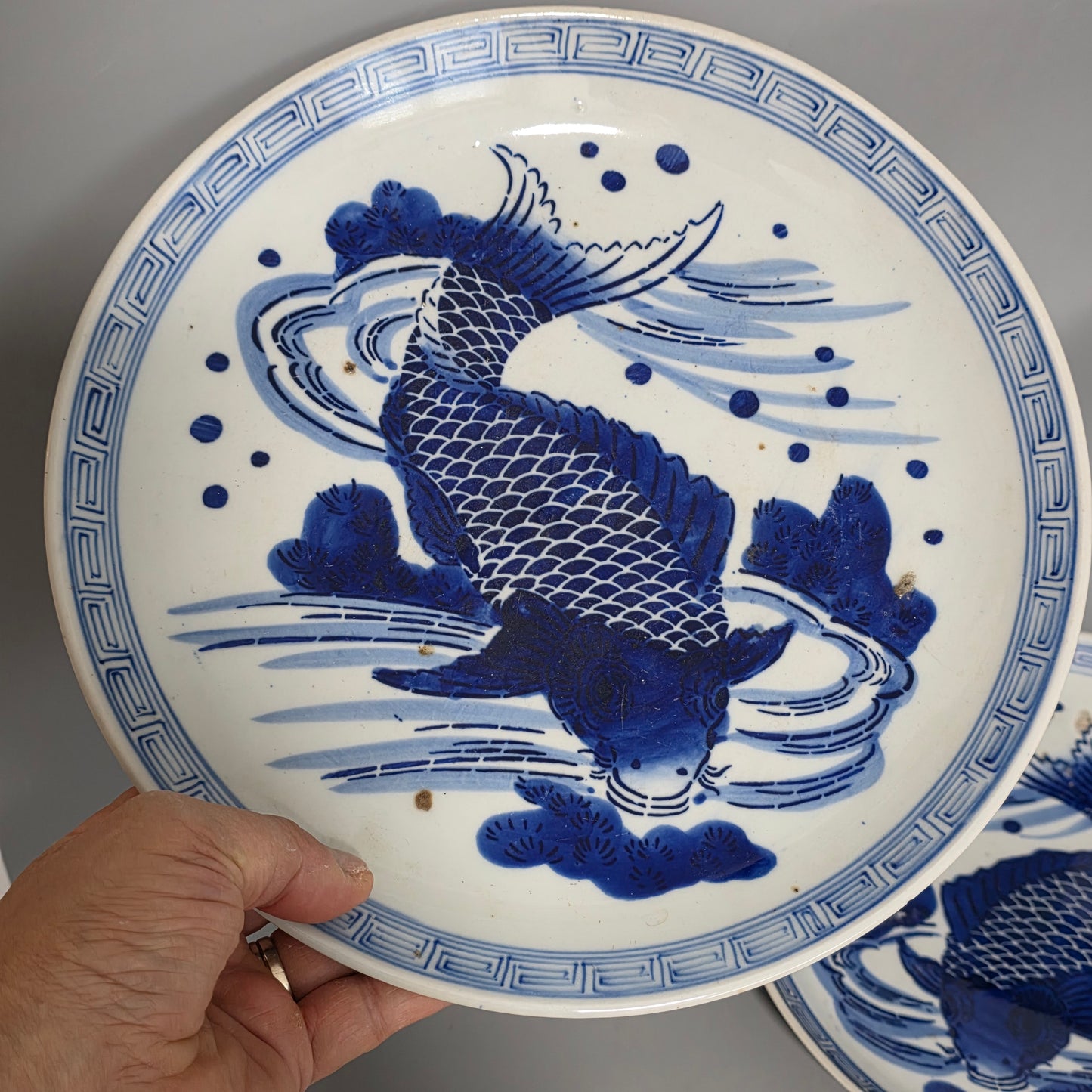 Attractive Pair of Arita Japanese Porcelain Chargers - Swimming Carp 29cm