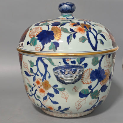 Large Vintage Imari Japanese Porcelain Covered Bowl or Pot W/ Foo Dog Handles