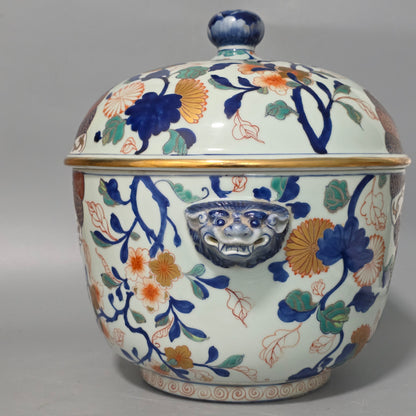 Large Vintage Imari Japanese Porcelain Covered Bowl or Pot W/ Foo Dog Handles