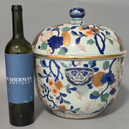Large Vintage Imari Japanese Porcelain Covered Bowl or Pot W/ Foo Dog Handles