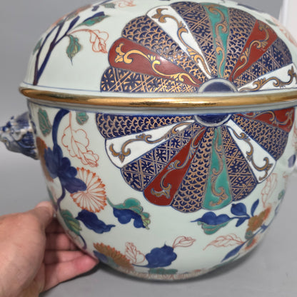 Large Vintage Imari Japanese Porcelain Covered Bowl or Pot W/ Foo Dog Handles