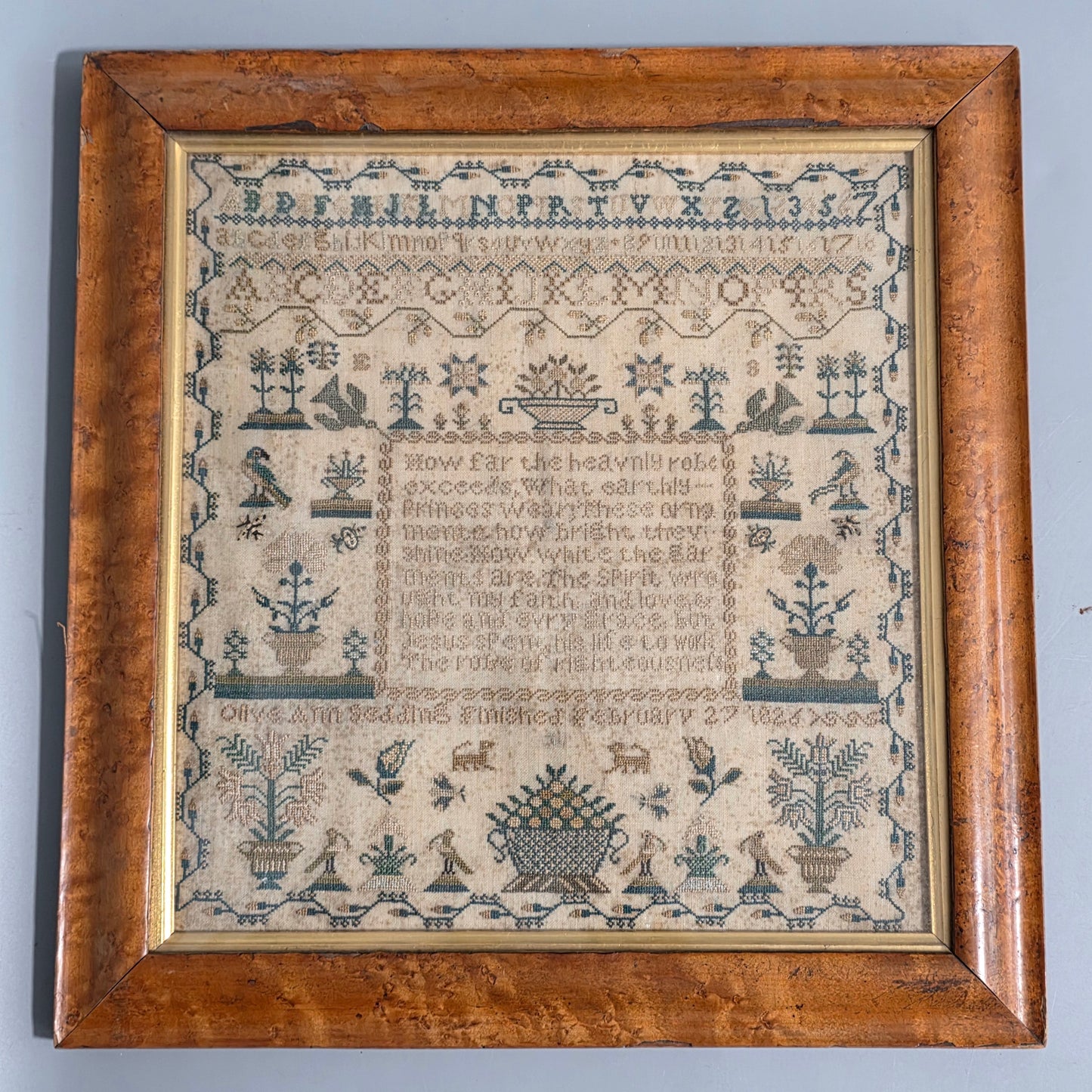 Exquisite Framed Antique Sampler, by Olive Ann Sedding, Feb 27th 1826