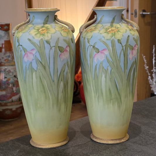 Stunning Art Nouveau Japanese Nippon/kinjo Floral Vases 32.5cm