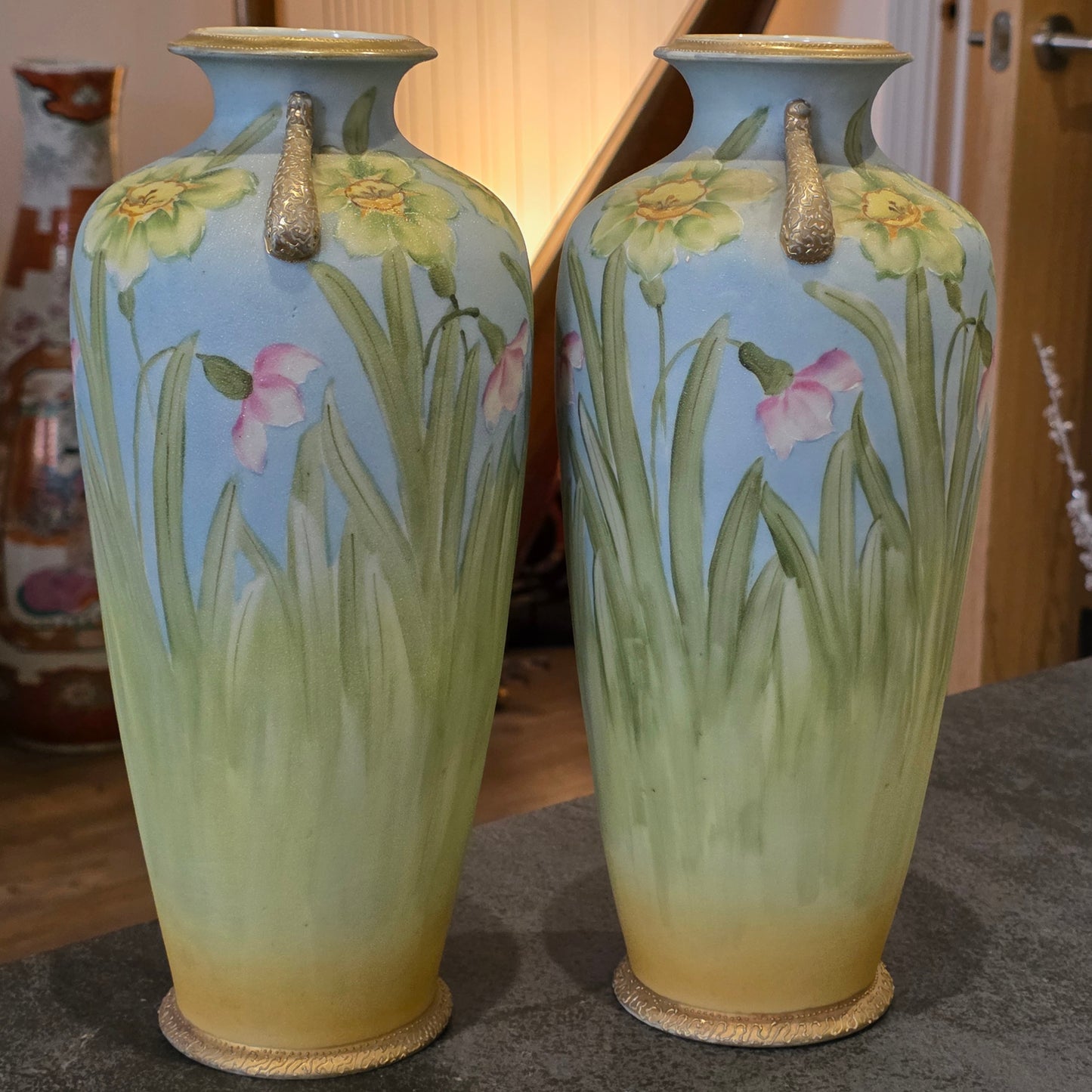 Stunning Art Nouveau Japanese Nippon/kinjo Floral Vases 32.5cm