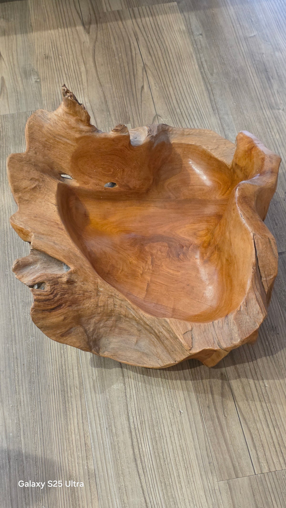 Large rustic wooden centrepiece bowl, 53cm x 46cm.