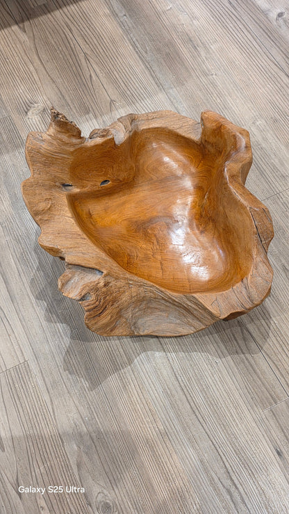 Large rustic wooden centrepiece bowl, 53cm x 46cm.
