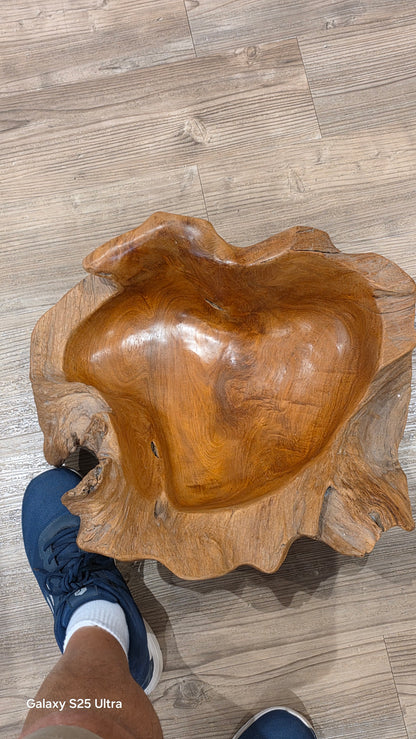 Large rustic wooden centrepiece bowl, 53cm x 46cm.
