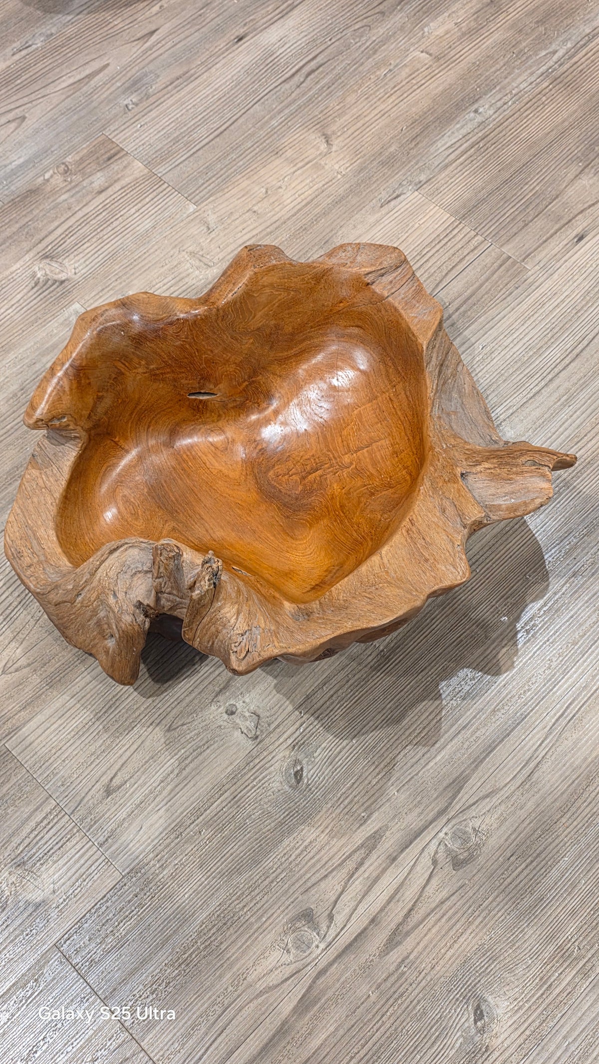 Large rustic wooden centrepiece bowl, 53cm x 46cm.