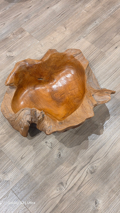 Large rustic wooden centrepiece bowl, 53cm x 46cm.