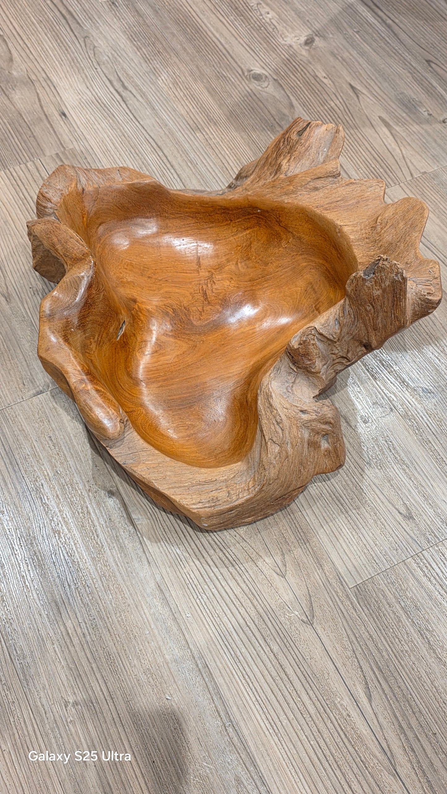 Large rustic wooden centrepiece bowl, 53cm x 46cm.
