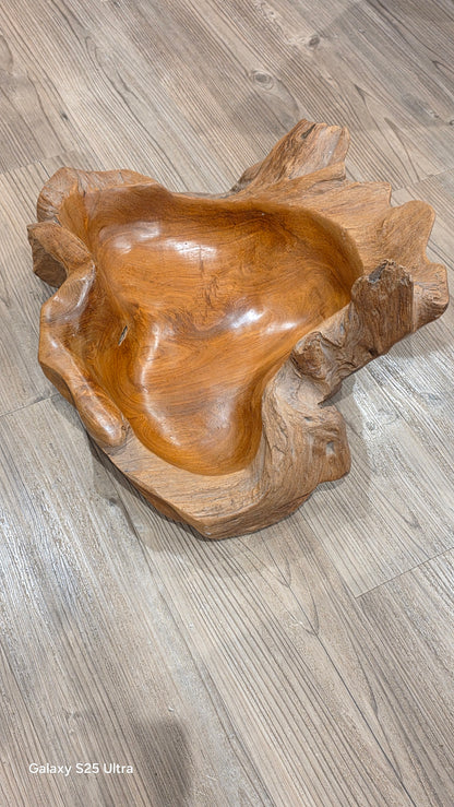 Large rustic wooden centrepiece bowl, 53cm x 46cm.