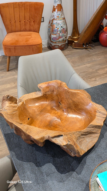 Large rustic wooden centrepiece bowl, 53cm x 46cm.