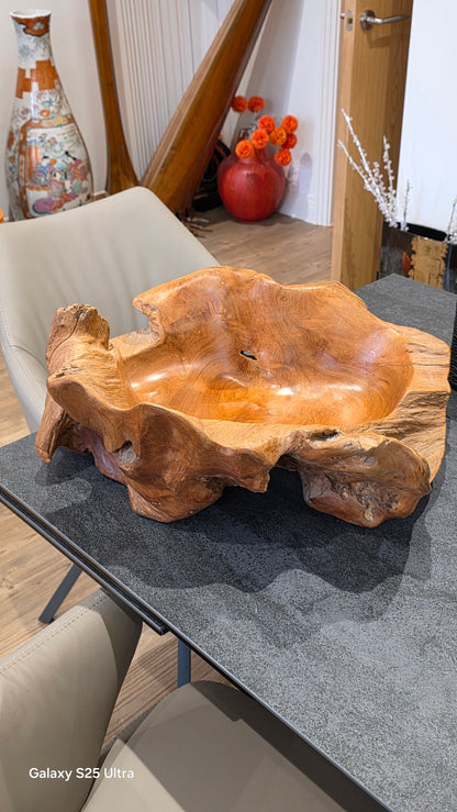 Large rustic wooden centrepiece bowl, 53cm x 46cm.