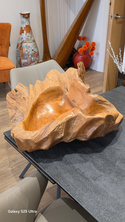 Large rustic wooden centrepiece bowl, 53cm x 46cm.