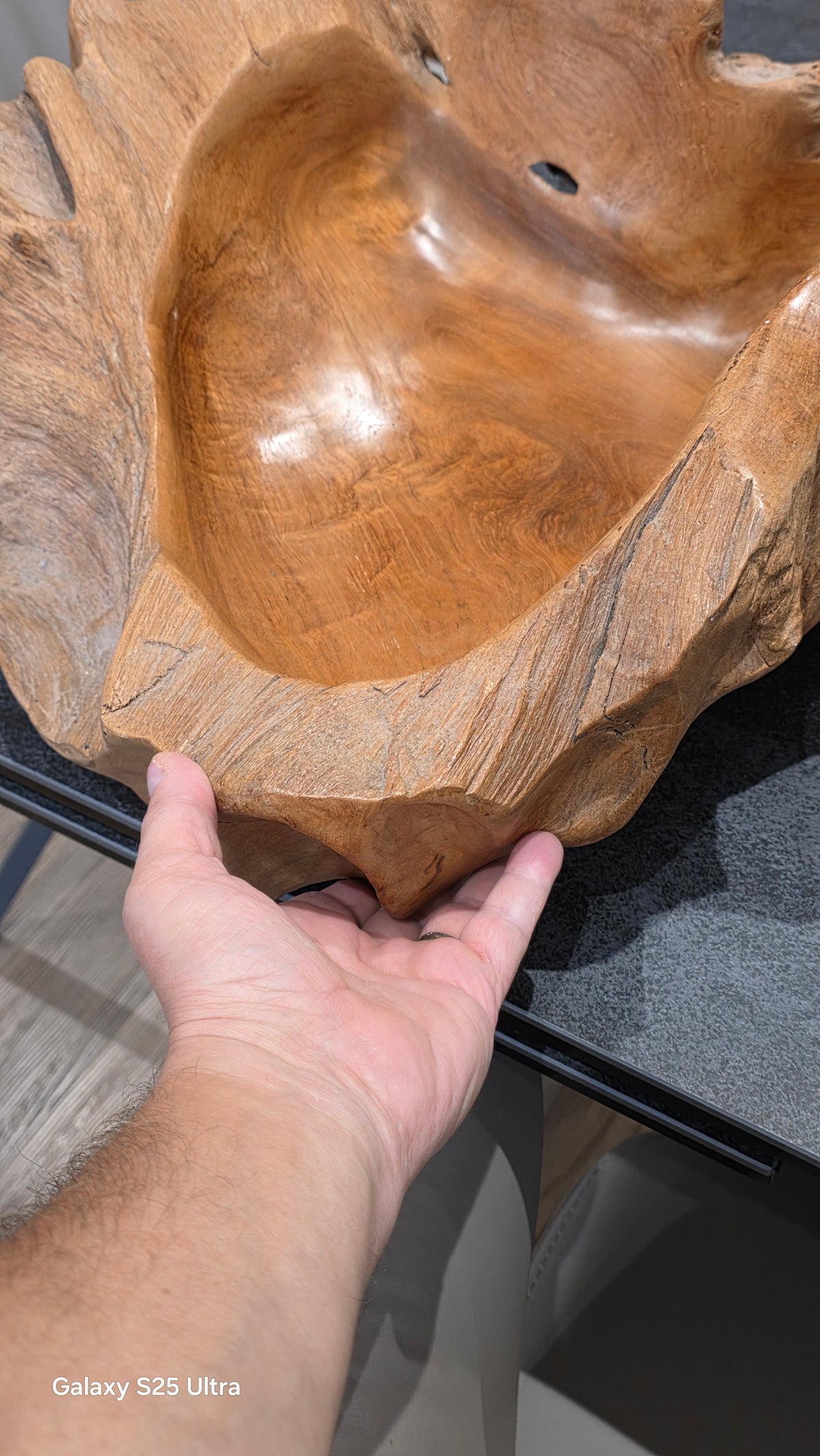 Large rustic wooden centrepiece bowl, 53cm x 46cm.
