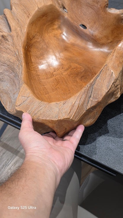 Large rustic wooden centrepiece bowl, 53cm x 46cm.