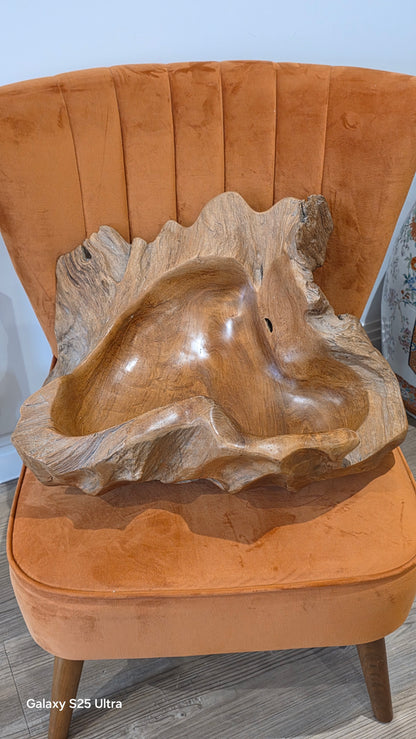 Large rustic wooden centrepiece bowl, 53cm x 46cm.