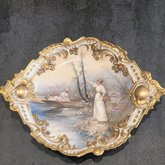 Delightful Large French Handpainted Twin Handled Dish c1890