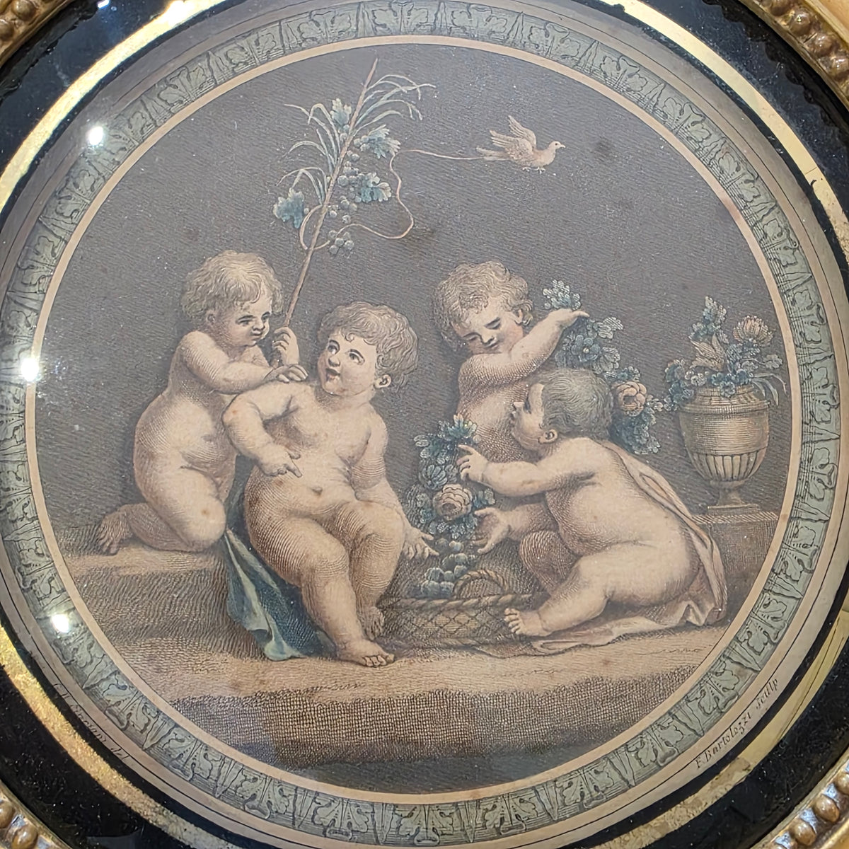 Pair of antique Bartolozzi cherub prints, in gilt wooden frames 25.5cm