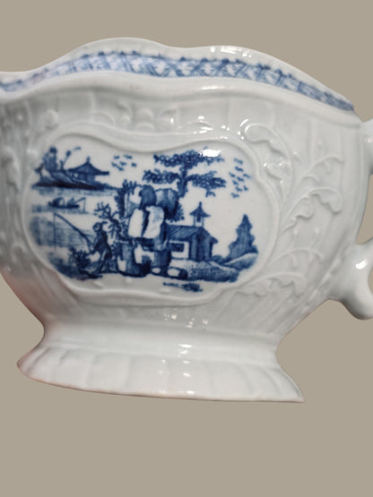 Rare Worcester Porcelain Sauceboat – “The Fisherman and Billboard Island” Pattern, c.1760