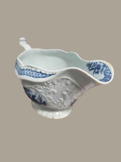 Rare Worcester Porcelain Sauceboat – “The Fisherman and Billboard Island” Pattern, c.1760