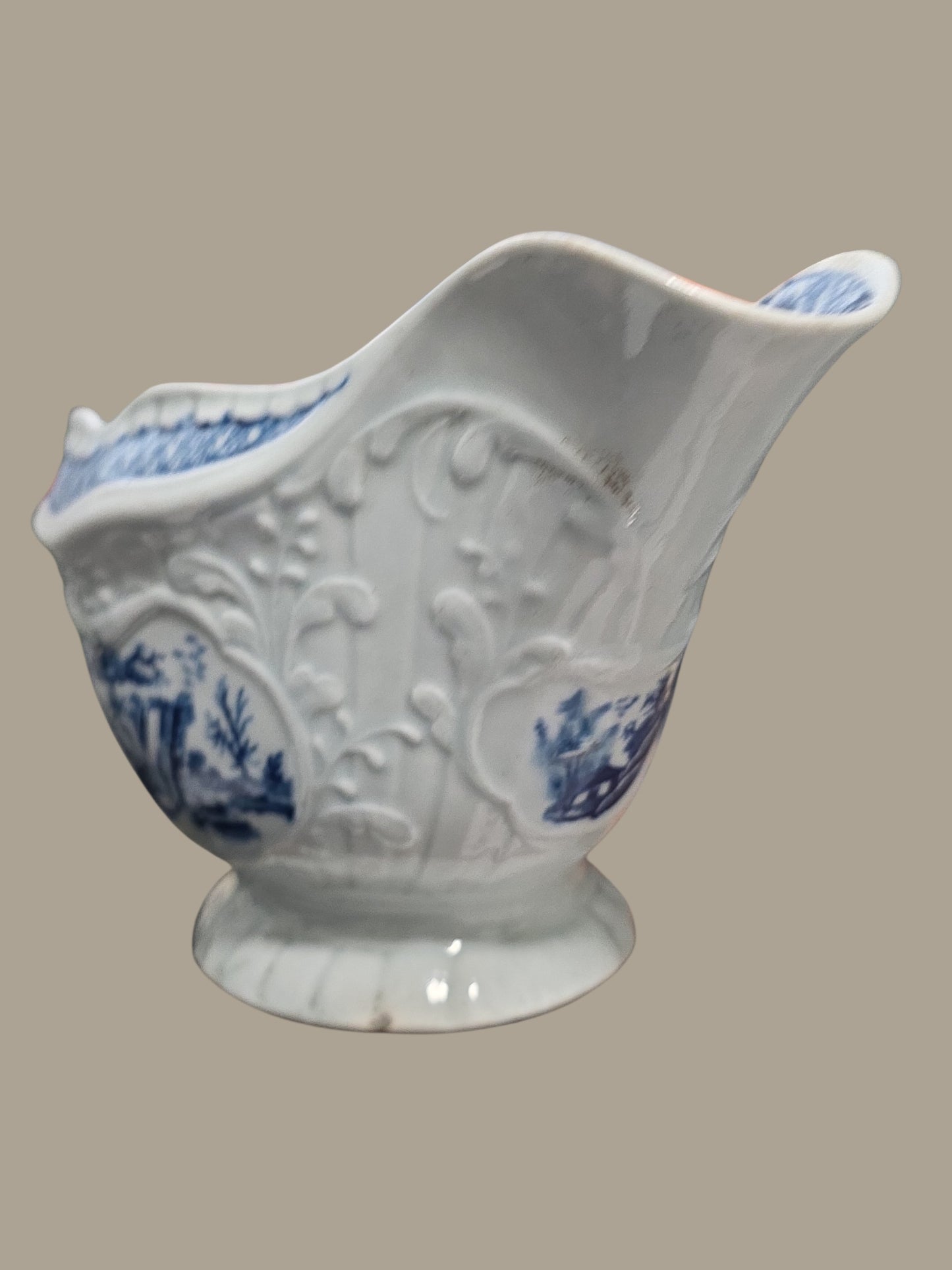 Rare Worcester Porcelain Sauceboat – “The Fisherman and Billboard Island” Pattern, c.1760