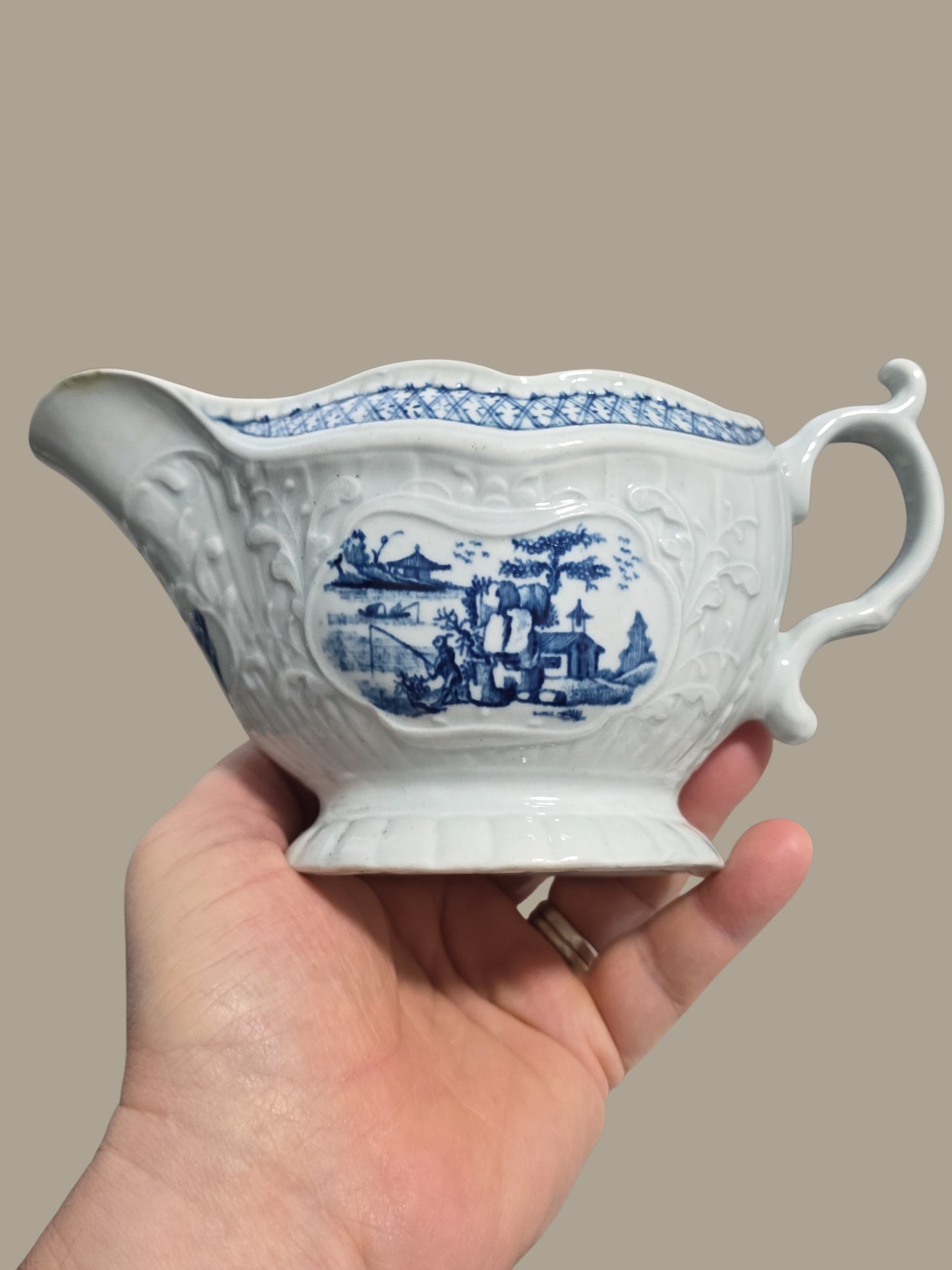 Rare Worcester Porcelain Sauceboat – “The Fisherman and Billboard Island” Pattern, c.1760