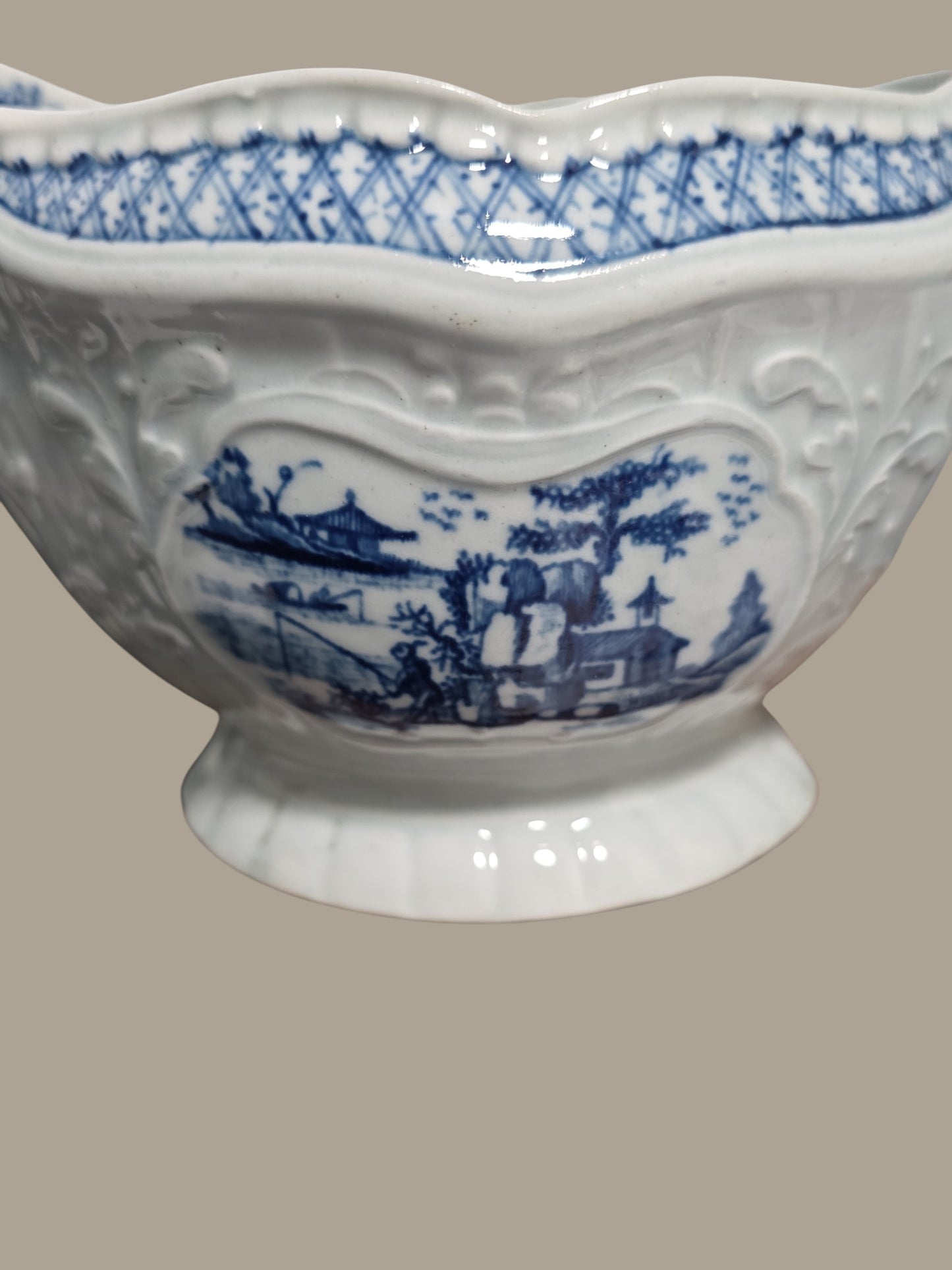 Rare Worcester Porcelain Sauceboat – “The Fisherman and Billboard Island” Pattern, c.1760