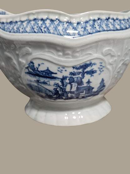 Rare Worcester Porcelain Sauceboat – “The Fisherman and Billboard Island” Pattern, c.1760