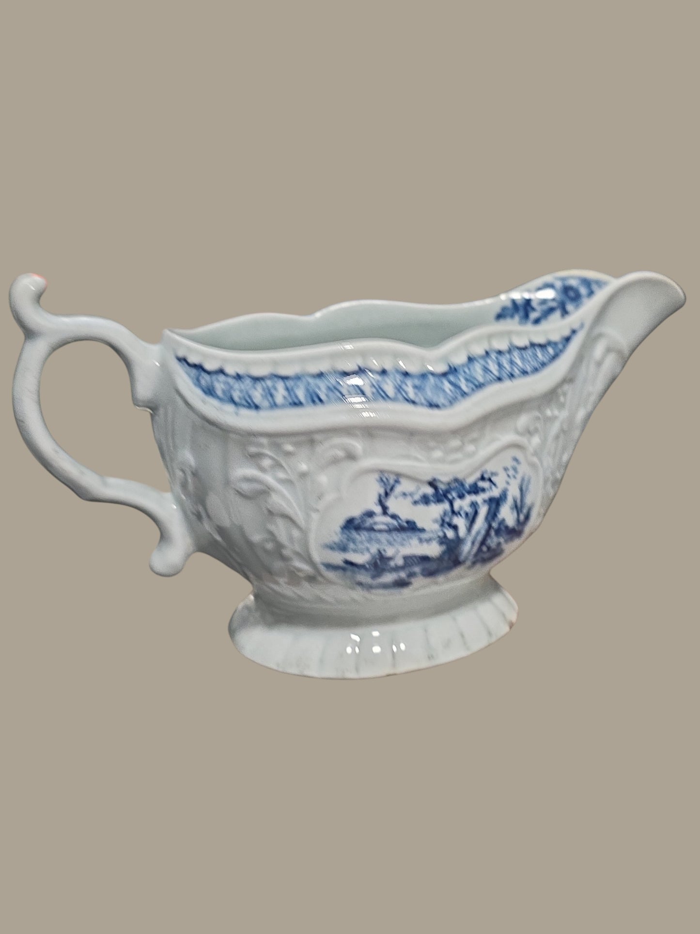 Rare Worcester Porcelain Sauceboat – “The Fisherman and Billboard Island” Pattern, c.1760