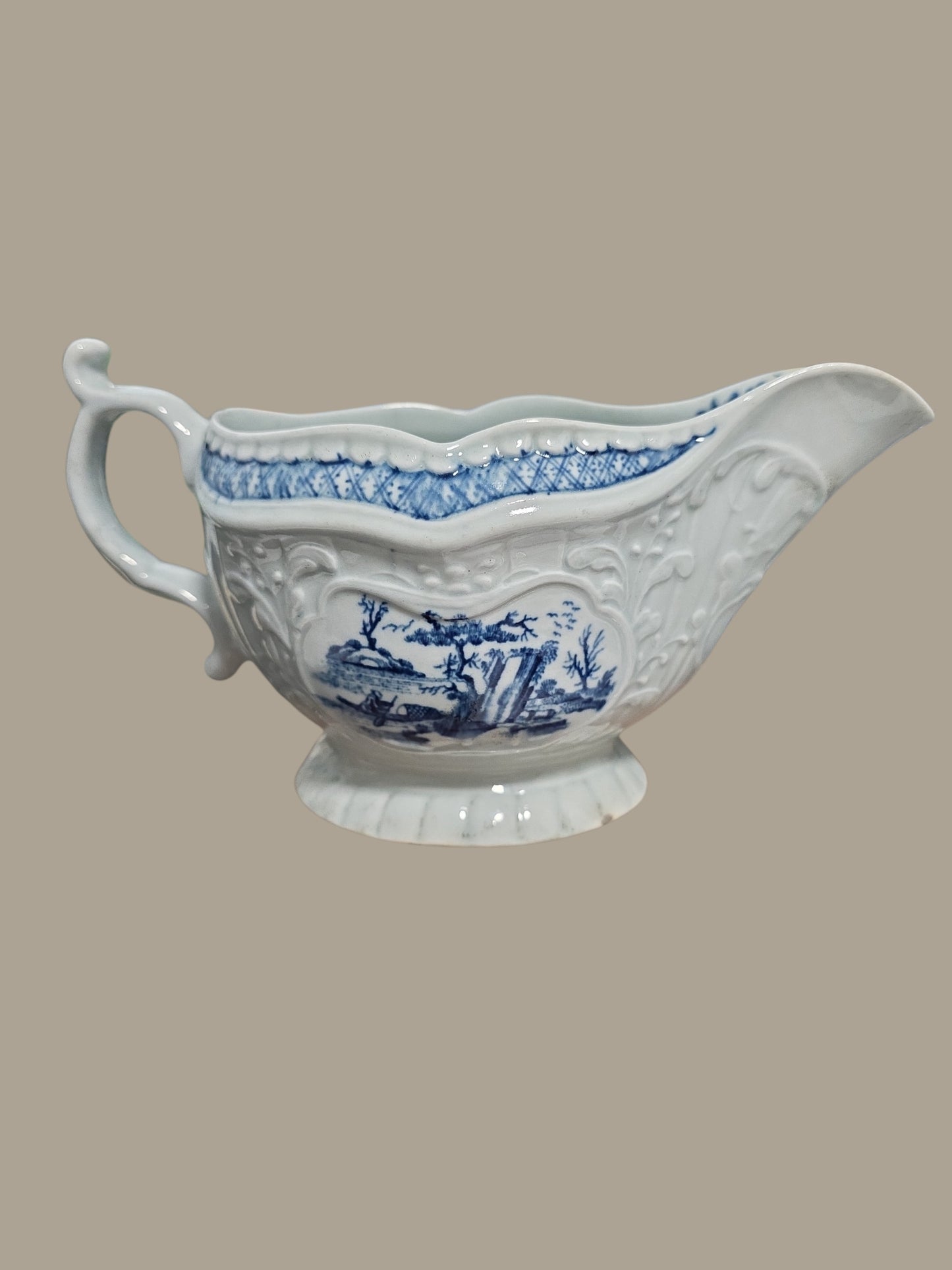 Rare Worcester Porcelain Sauceboat – “The Fisherman and Billboard Island” Pattern, c.1760