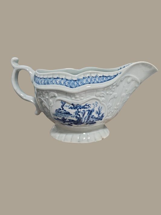 Rare Worcester Porcelain Sauceboat – “The Fisherman and Billboard Island” Pattern, c.1760