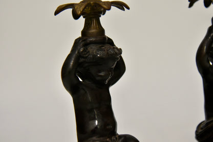 Attractive Pair of Bronze and Brass Cherub Candlesticks, circa 1900
