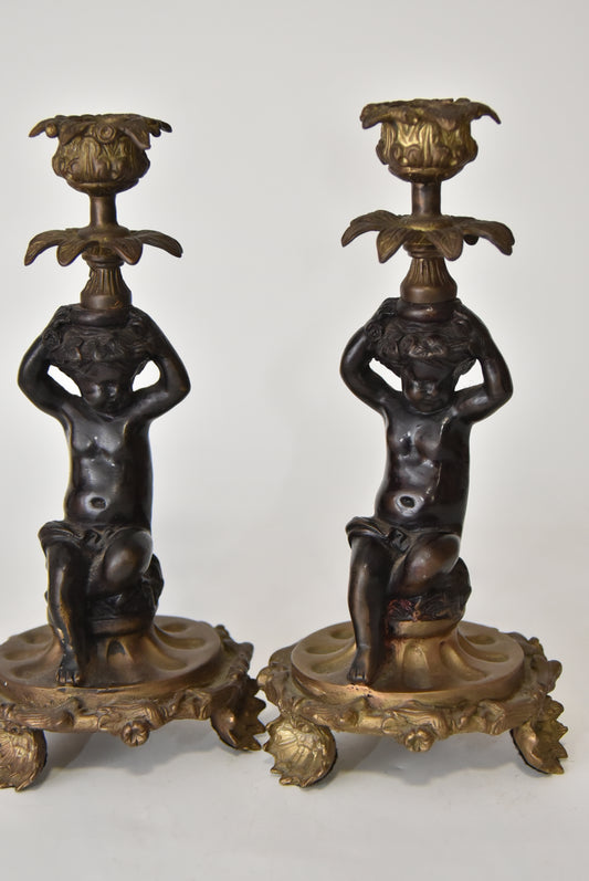 Attractive Pair of Bronze and Brass Cherub Candlesticks, circa 1900