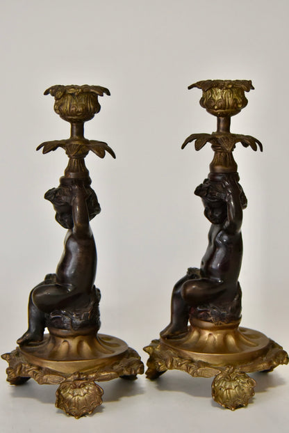 Attractive Pair of Bronze and Brass Cherub Candlesticks, circa 1900
