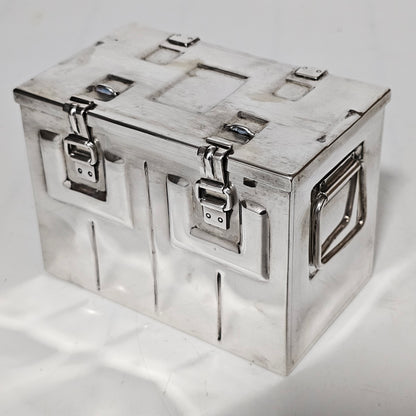 Very Fine and Unusual Silver Casket Modelled as a Coffer for Cigarettes c1941