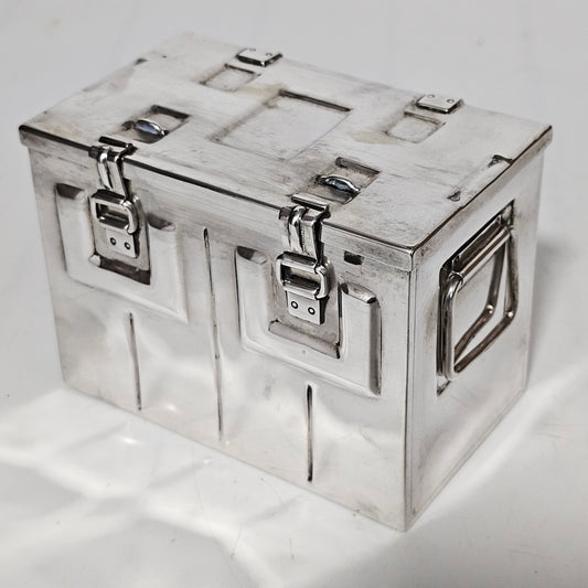 Very Fine and Unusual Silver Casket Modelled as a Coffer for Cigarettes c1941