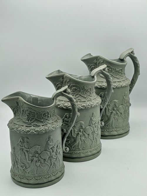 Beautiful Trio Of Antique Ridgway Parian Jugs In A Delightful Light Sage Green