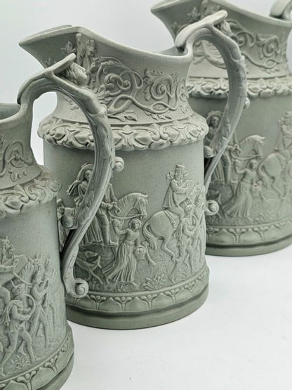 Beautiful Trio Of Antique Ridgway Parian Jugs In A Delightful Light Sage Green